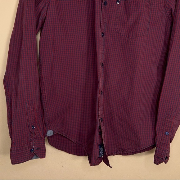 MEDIUM RED BLUE PLAID LONG SLEEVE BUTTON FRONT SHIRT MENS COTTON ACADEMIA PREPPY - Picture 3 of 14